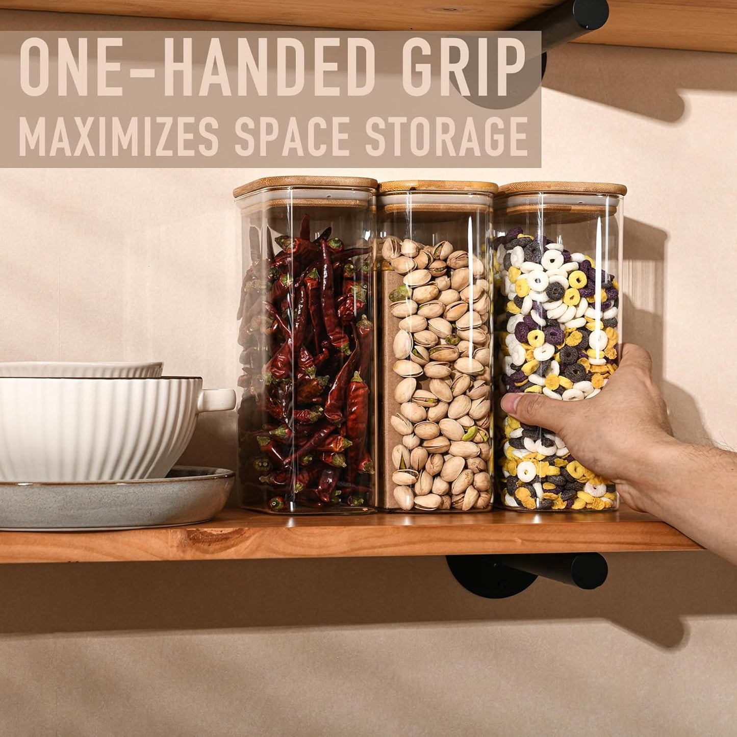 56oz Rectangle Airtight Glass Storage Containers with Bamboo Lids (Set of 3), Square Food Storage Jar, Pantry Organizers for Oats, Cereal, Pasta and Coffee beans (‎with Black Lable)