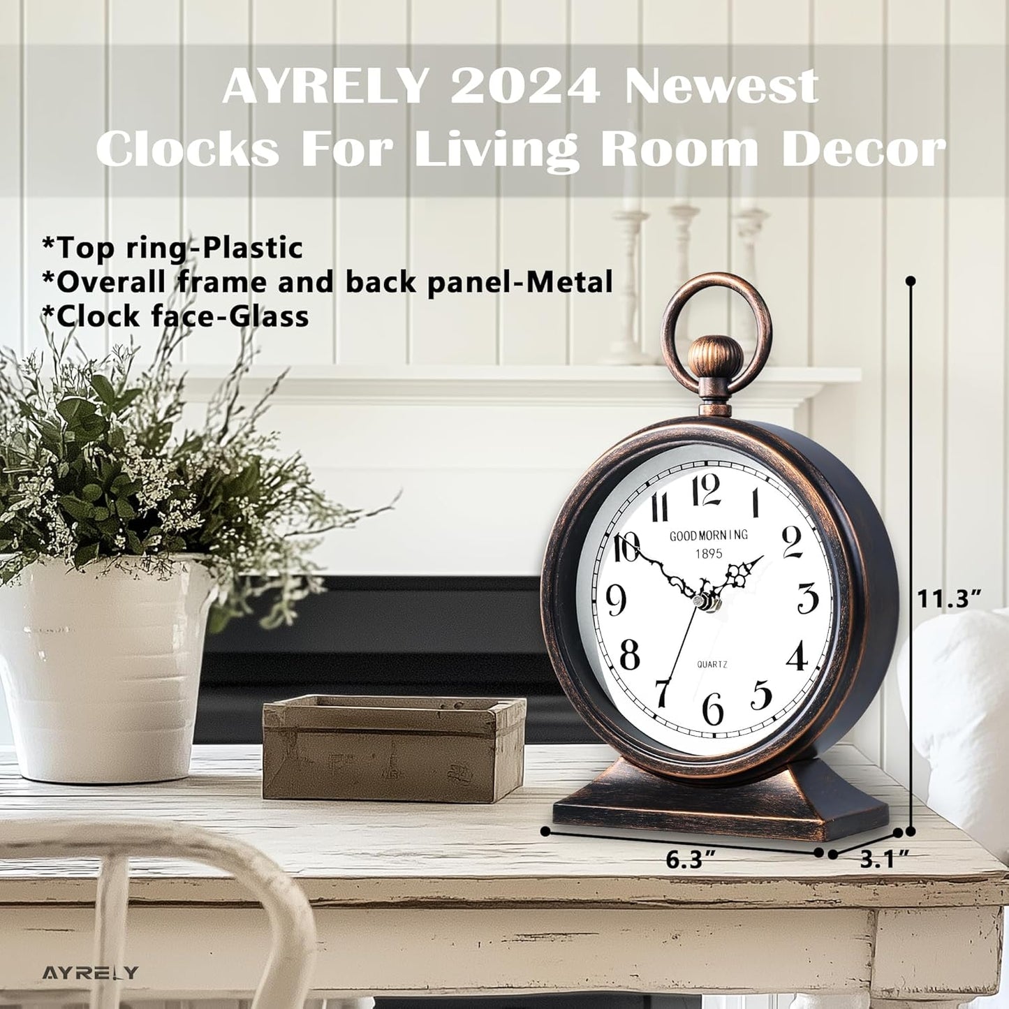 AYRELY® 7-Inch Vintage Mantel Clock with Handle,Antique Metal Desk Clocks Battery Operated,Retro Table Clock for Bedroom Living Room Shelf Farmhouse Fireplace Décor