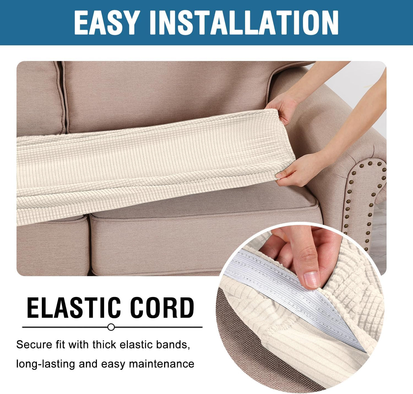 H.VERSAILTEX Super Stretch Individual Seat Cushion Covers Sofa Covers Couch Cushion Covers Slipcover Sets Thick Jacquard Textured Twill Fabric (1 Piece Sofa Cushion Cover, Natural)