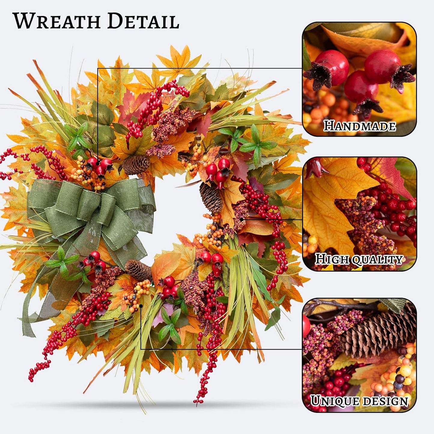 24 Inch Fall Wreaths for Front Door Outside– Artificial Silk Autumn Door Wreath with Green Bow, Maple Leaves, Pine Cones, Red Berries– Indoor Outdoor Thanksgiving Farmhouse Home Wall Decor