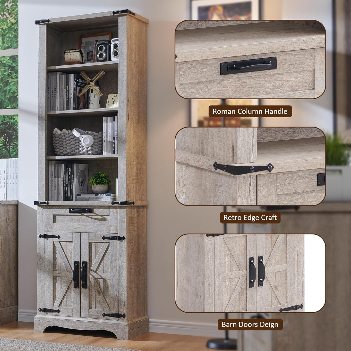 OKD 72'' Tall Bookshelf with Storage, Farmhouse 4 Tier Bookcase w/Barn Door, Adjustable Shelves and Drawers, Rustic Wooden Office Bookshelves for Home Bedroom, Living Room, Library (Light Rustic Oak)