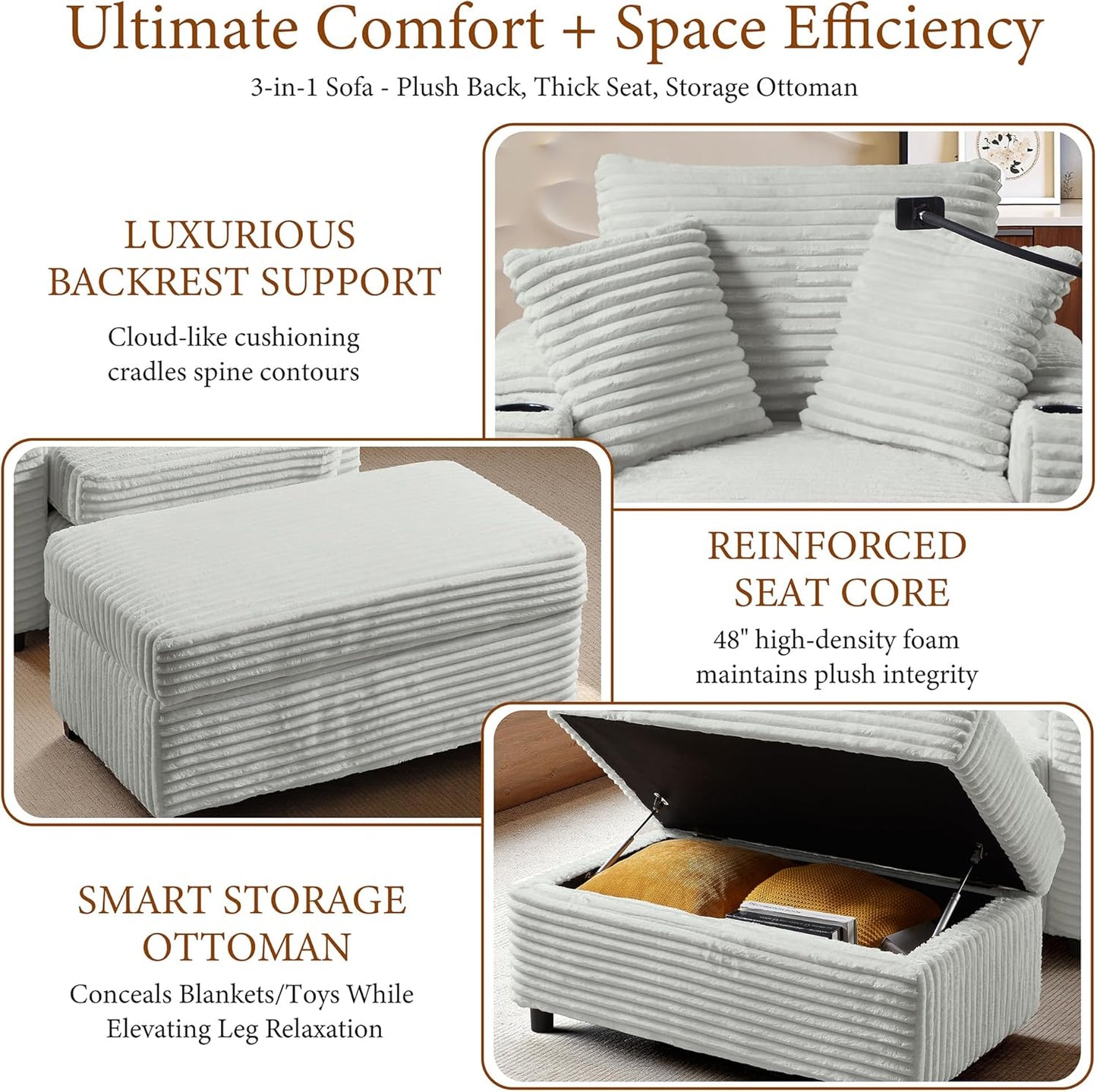 Accent Chair with Storage Ottoman Upholstered Living Room Chairs for Reading Chair with Chaise Lounge Chairs Indoor, Comfortable Armchair for Bedroom