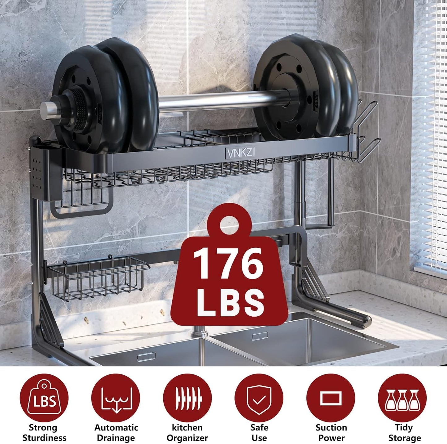 VNKZI Over Sink Dish Drying Rack, 2 Tier Full Stainless Steel Storage Adjustable Length (25.98'' to 36.61'') Kitchen Rack, Multifunctional Expandable Counter Organizer, Space Saver Dish Rack