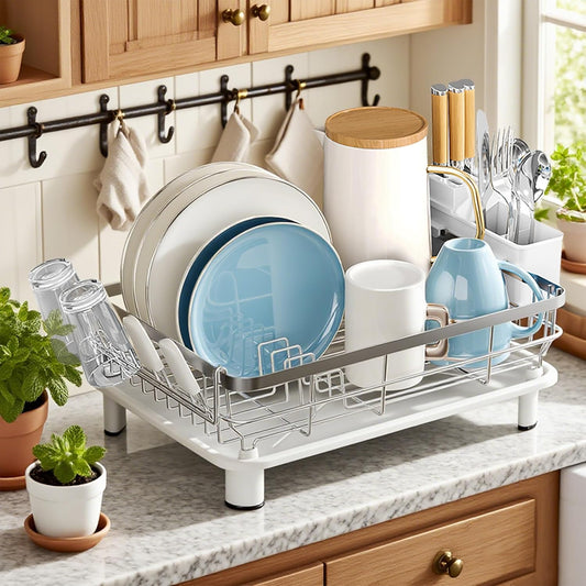 MOUKABAL Dish Drying Rack - Stainless Steel Dish Rack, Dish Racks for Kitchen Counter, Drying Rack Kitchen with Removable Utensil Holder, Drainboard and Glass Organizer (White)