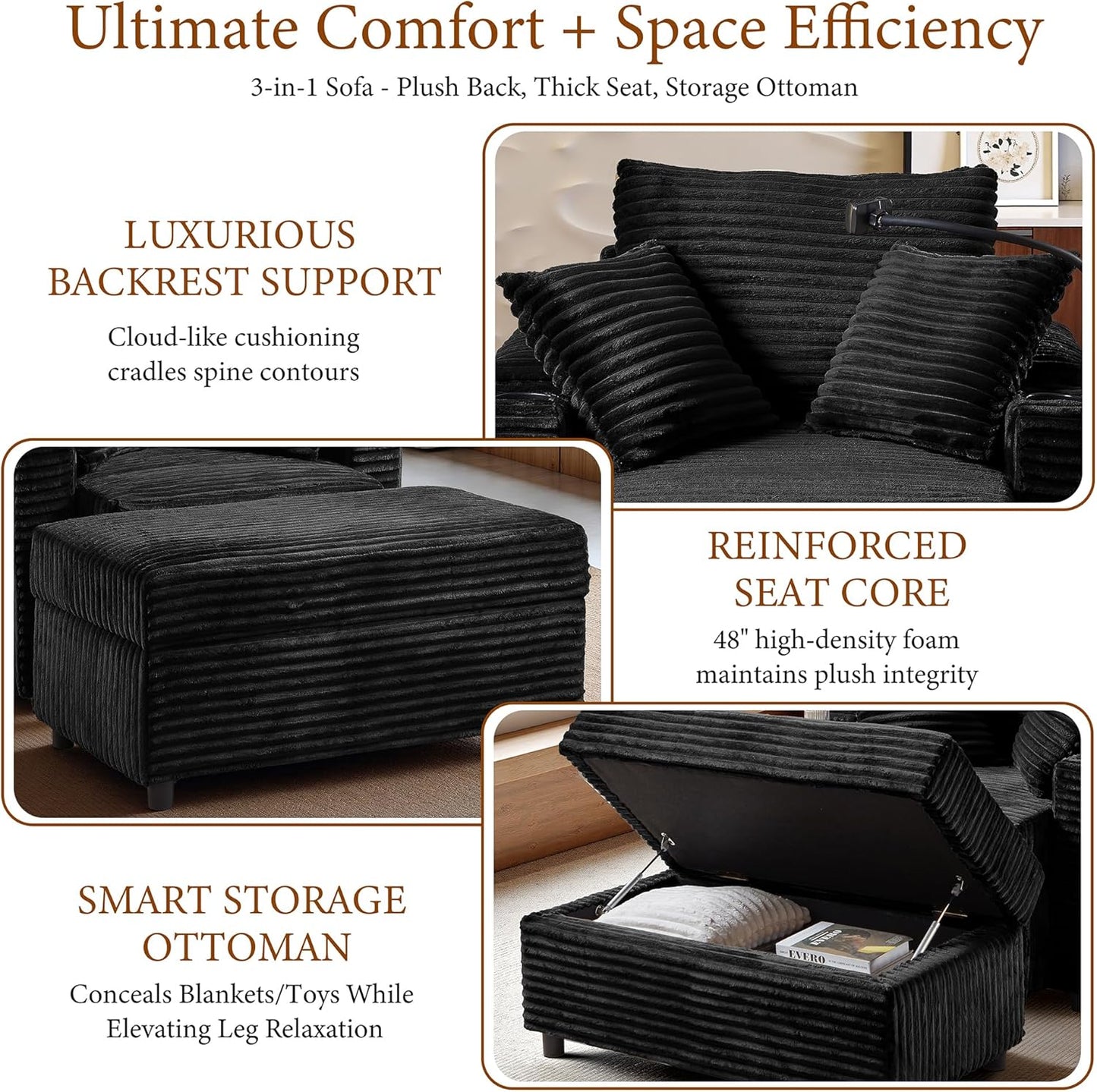 Accent Chair with Storage Ottoman Upholstered Living Room Chairs for Reading Chair with Chaise Lounge Chairs Indoor, Comfortable Armchair for Bedroom