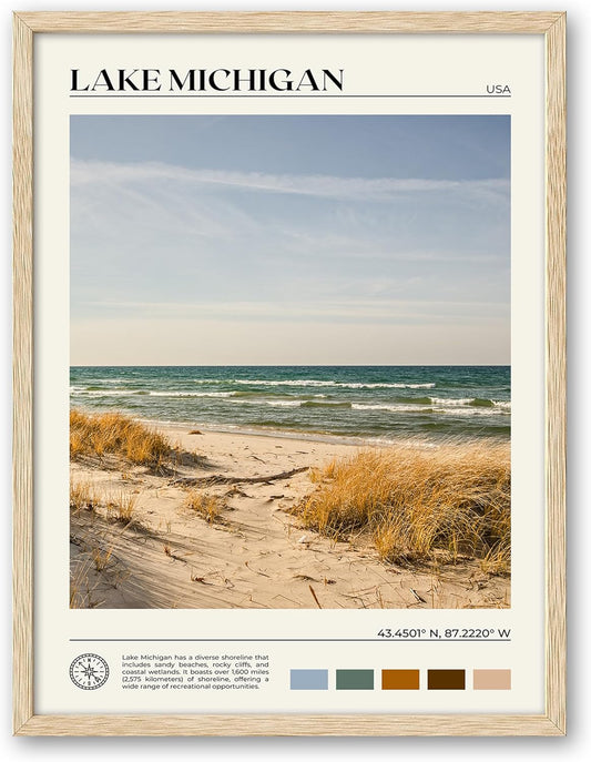 HesenDot Natural OAK Wood Lake Michigan Framed Wall Art,12x16in Natural Scenery Canvas Wall Print,Classic Urban City Landmark Wall Decor for Living Room,Bedroom,Office Gallery Gifts Set of 1