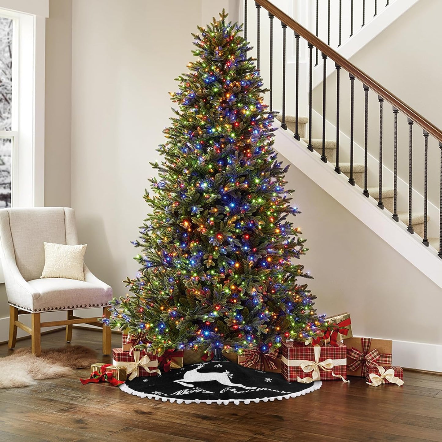 36 Inch Christmas Tree Skirt, Burlap Black Christmas Rustic Tree Skirt with Elk Deer and White Snowflake Printed for Holiday Party Xmas Tree Decoration