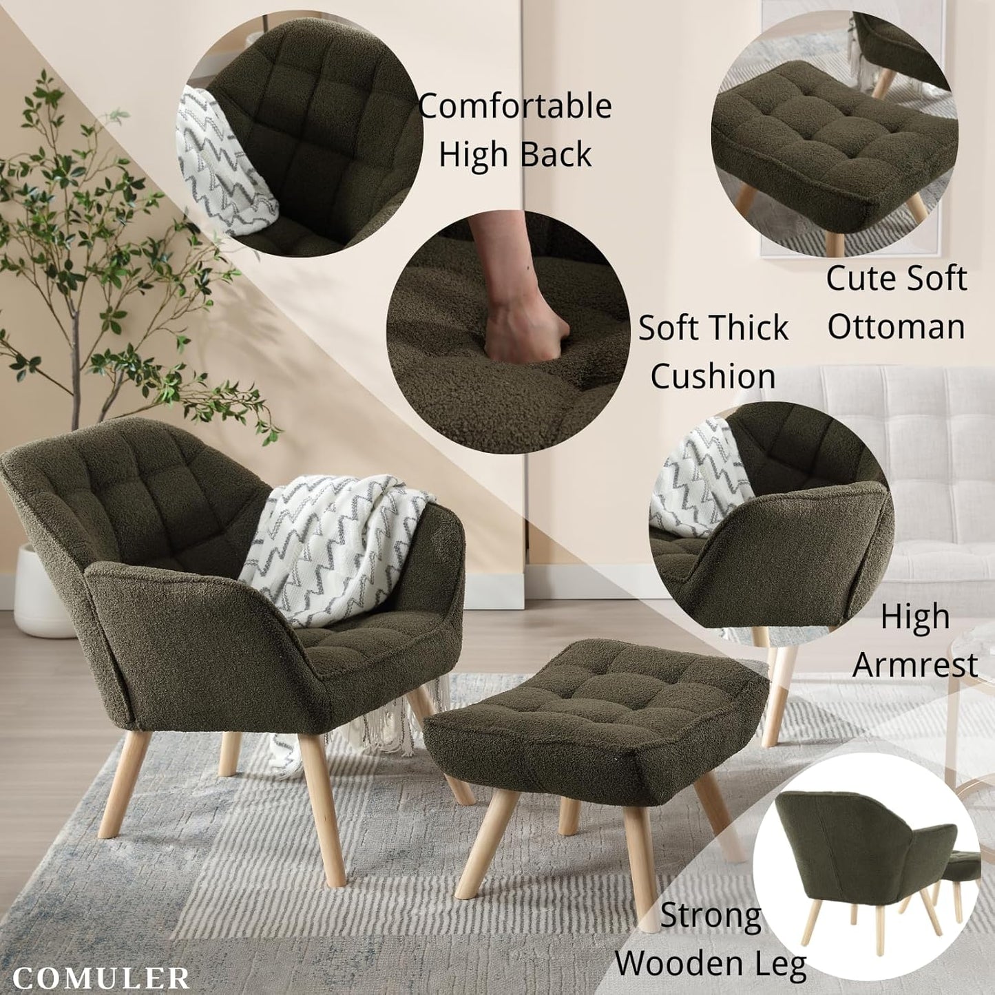 Green Sherpa Accent Chair with Ottoman ，Modern Reading Chair with Ottoman Set, Comfy Fuzzy Armchair Living Room Chair Lounge Chair with Wood Legs for Small Spaces Bedroom Apartment