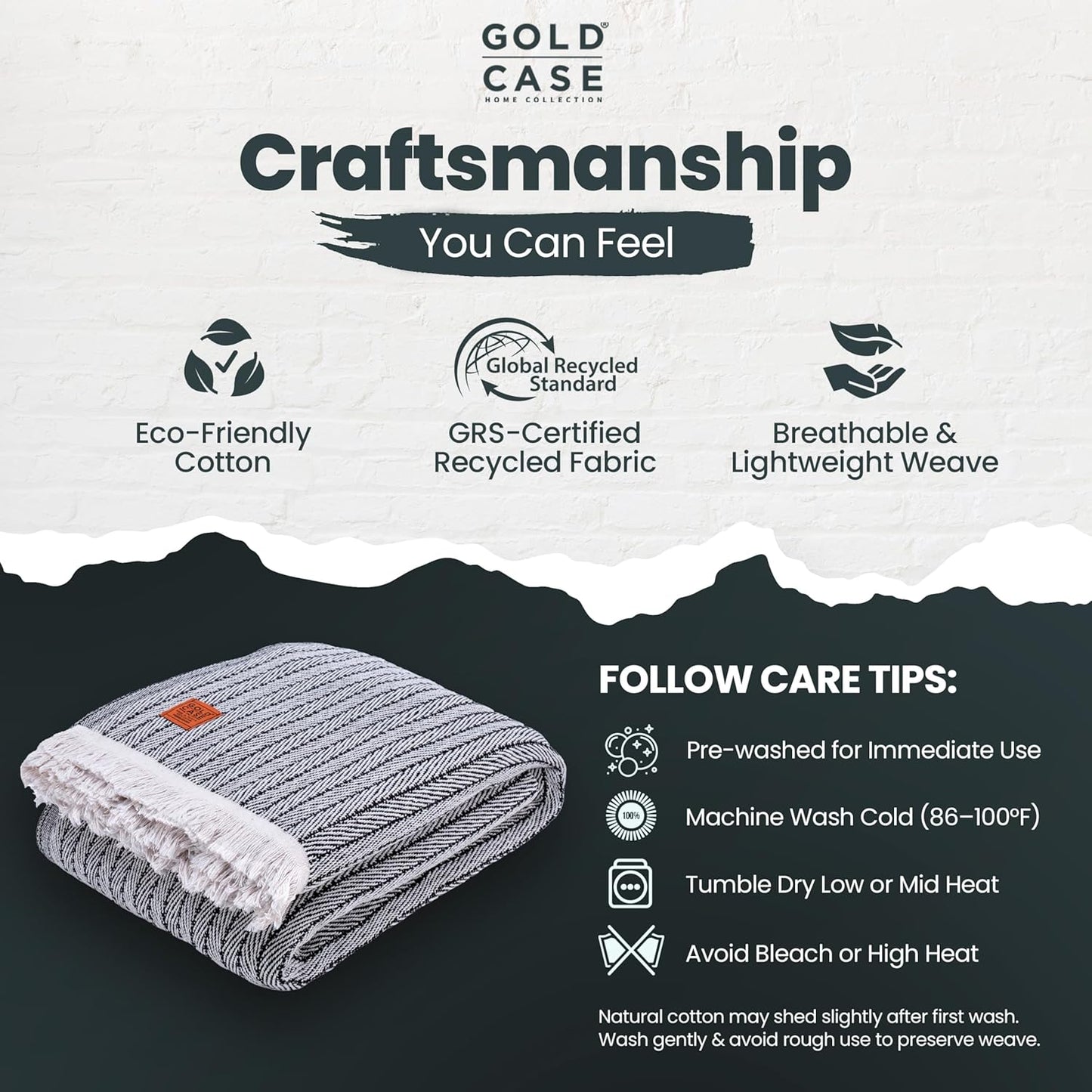 Gold Case Throw Blanket for Bed – 100% Recycled Turkish Cotton Bed Blanket – Decorative Throw Cotton Blankets for Living Room & Bedroom – Vintage Black Woven Queen Blankets – 90x90