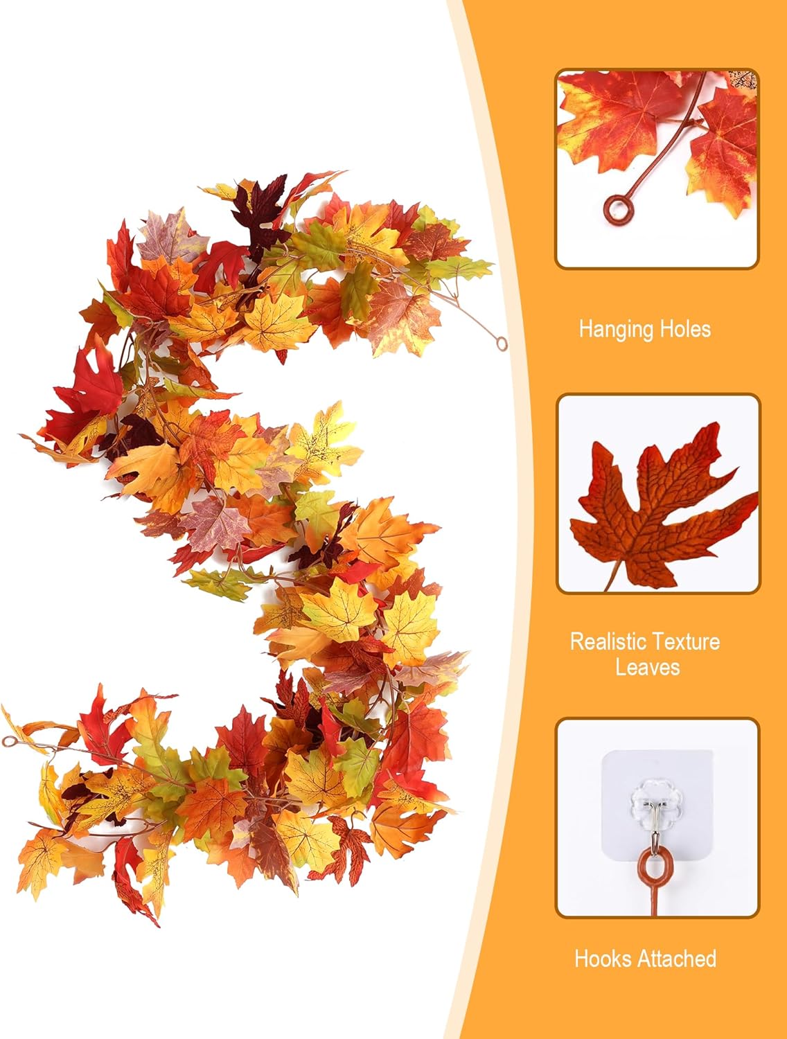 Joyhalo 2 Pack Fall Leaves Garland for Mantle, Autumn Leaf Garland Indoor Outdoor Fall Decor, Hanging Maple Leaves for Mantle, Door Frame, Fireplace and Thanksgiving Decor