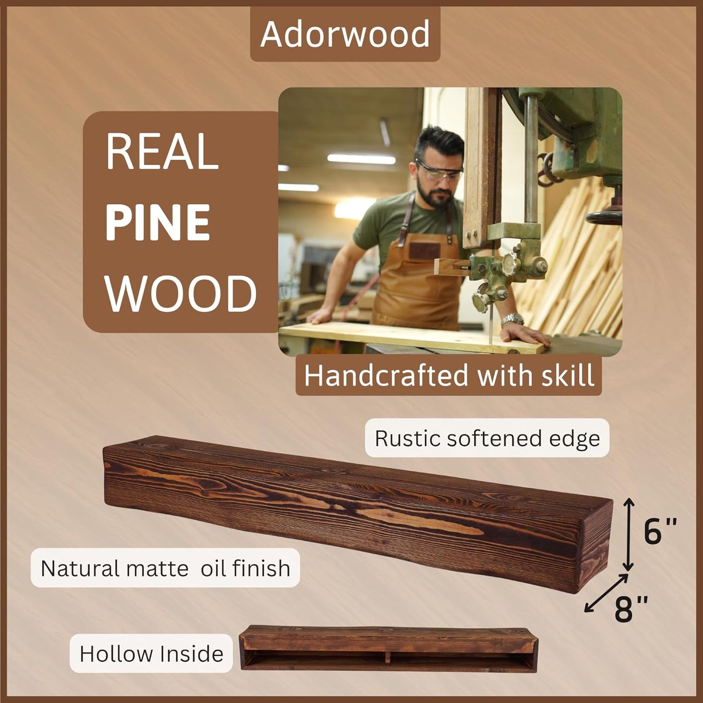 Handmade Fireplace Mantel Shelf 48", Extra Wide Rustic Wood Mantles for Over Fireplace, Wall Mounted Floating Mantel Shelves for Living Room Decor (Light Walnut, 48Lx6Hx8D)