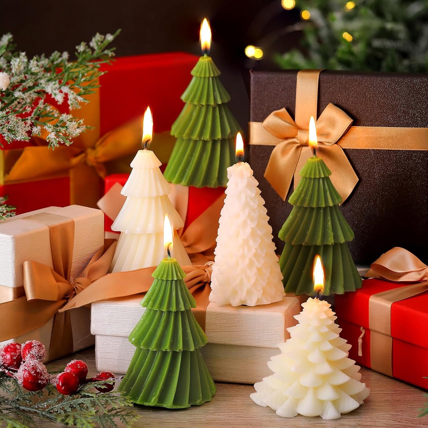 6 Pcs Christmas Tree Shaped Candles Xmas Wax Scented Candles White Green Decorative Christmas Tree Gifts for Xmas Eve Winter Holiday Party New Year Bedroom Room Table Decor, 4 Classic Styles