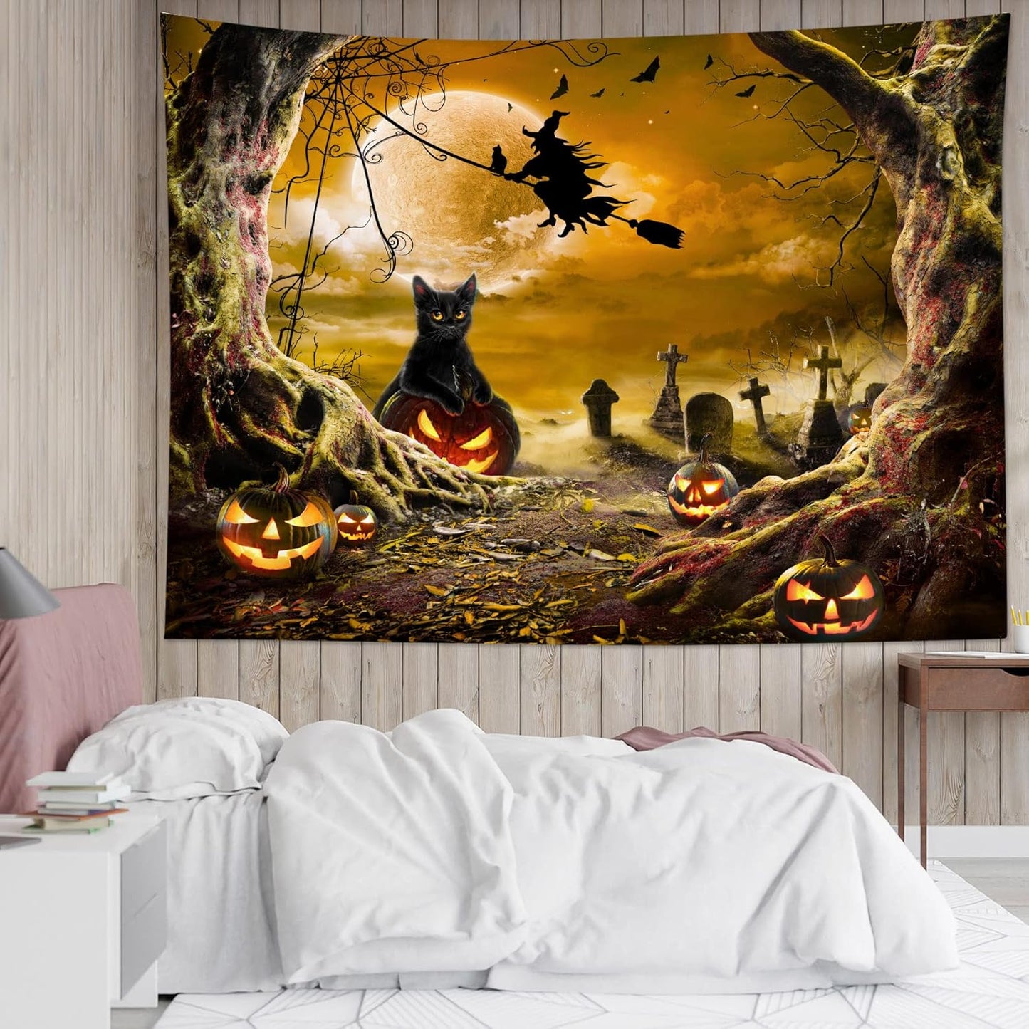 LB Halloween Wall Tapestry - Horror Witch Cat, Dead Tree, Pumpkin Lights With Spooky Graveyard, Orange Full Moon Over Misty Forest for Bedroom Living Room Dorm - 80x60 Inches