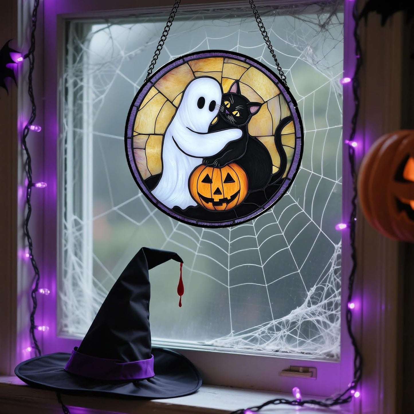 Stained Glass Window Hanging - Halloween Decorations Cute White Ghost Black Cat Suncatcher for Doors Garden Spooky Sun Catchers Gothic Decor Horror Gifts for Women Men Friend Boy 6.3 in