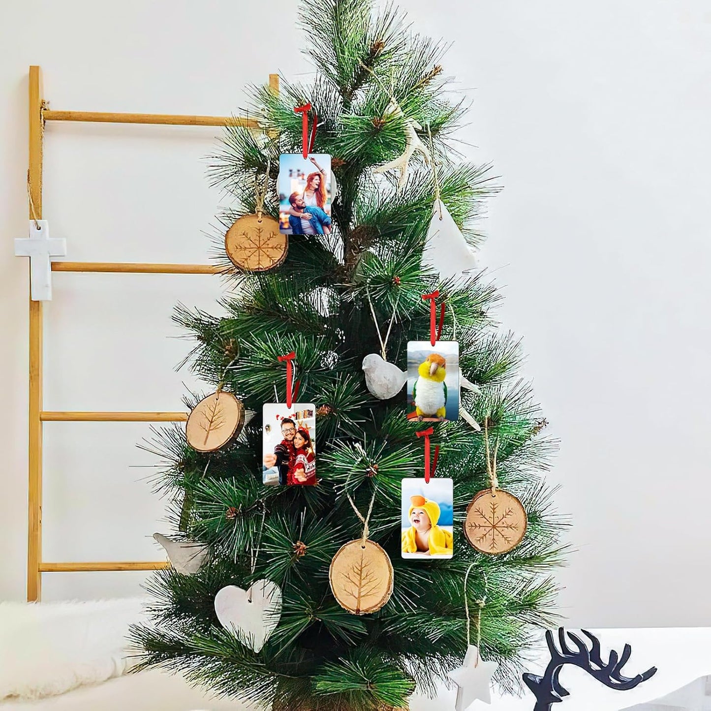 4 Pack Personalized Christmas Ornaments 2025 Wood Custom Photo Text Hanging Ornament for Christmas Tree Decorations, First Christmas Engaged/Married, New Home, Baby's First Christmas, Memorial