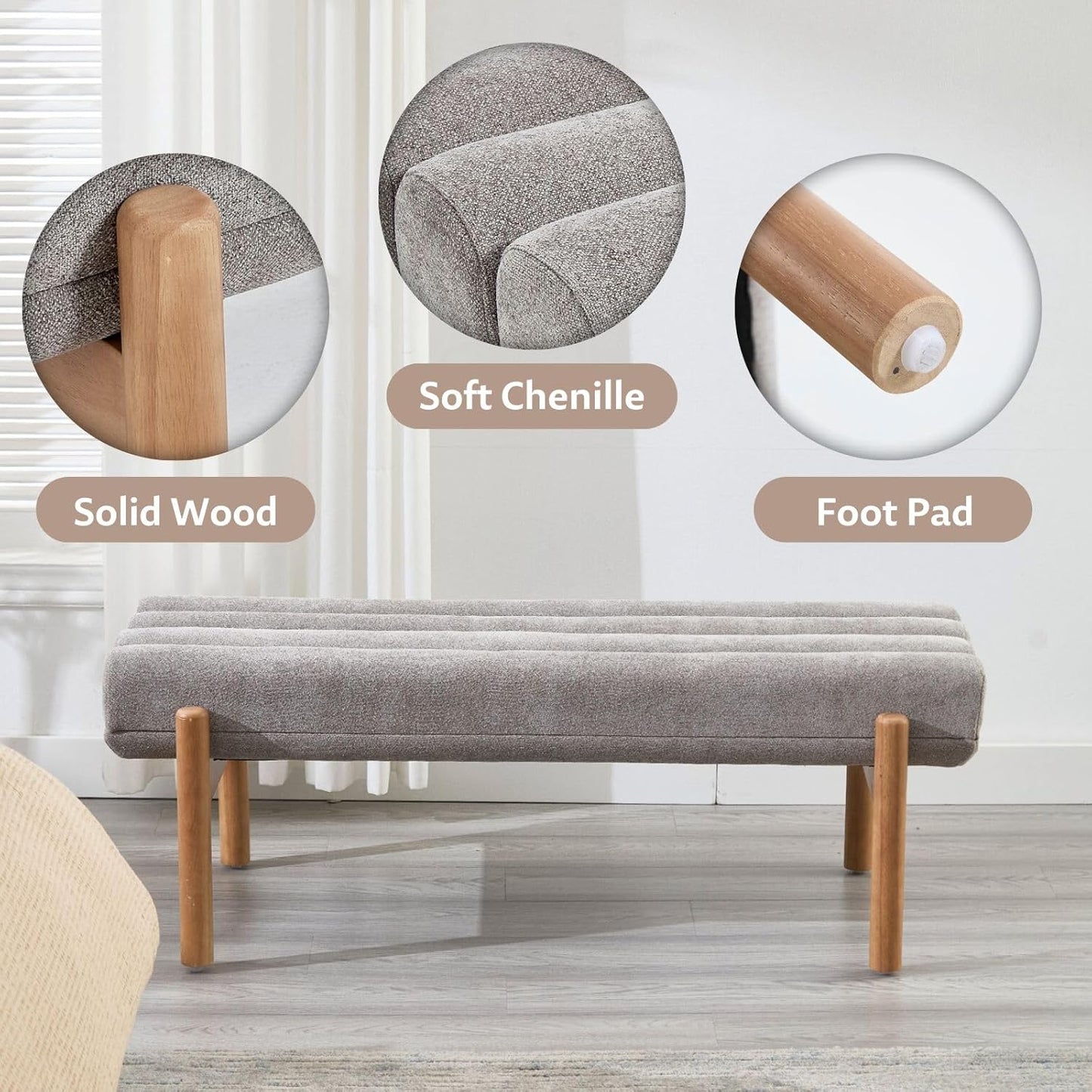 Upholstered Bench Grey Modern End of Bed Bench Chenille Fabric Bedroom Bench for Entryway Living Room Vanity Makeup Room, 47" Long, Wooden Legs