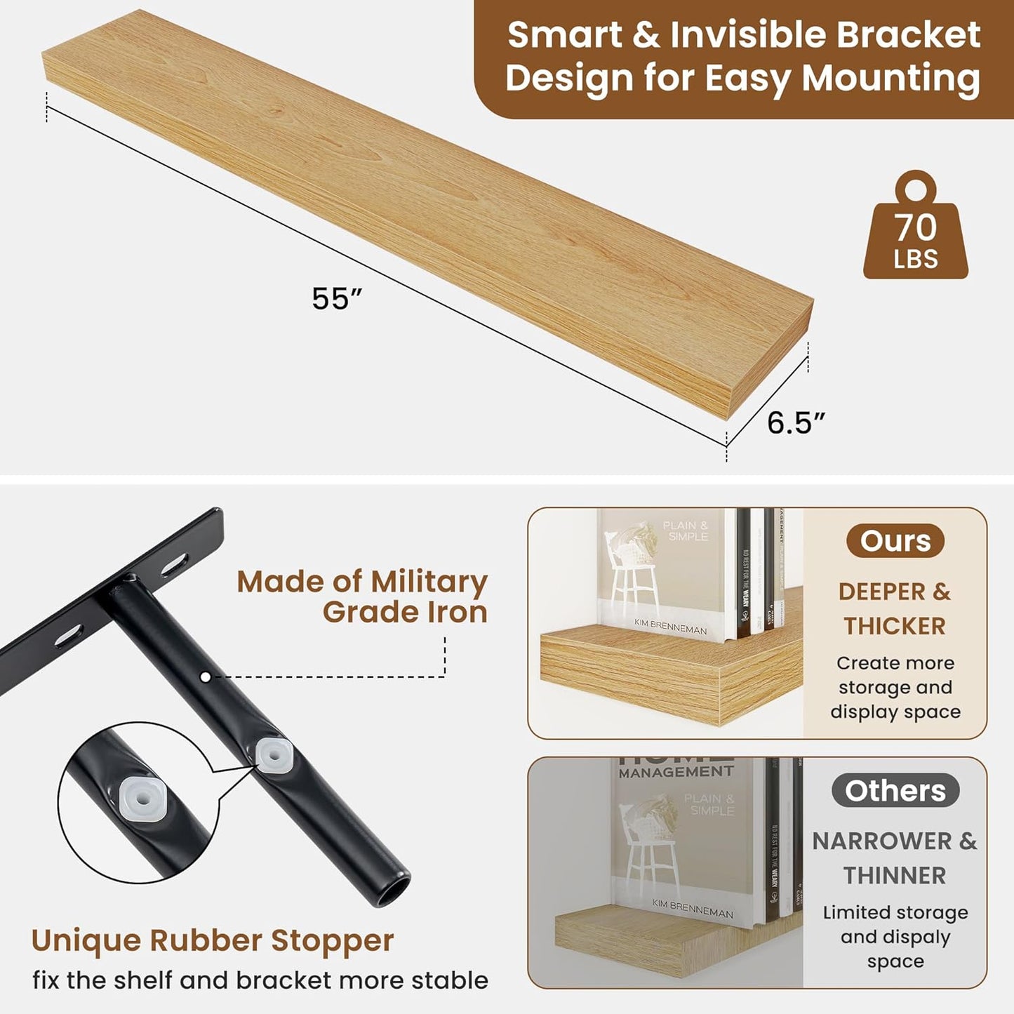 fuqing Floating Shelves for Wall, Bathroom Shelf Wall Mounted for Storage, Shelves with Invisible Bracket for Bedroom, Kitchen, Living Room, Farmhouse Small Book Shelf, 55 Inch Set of 2, Oak