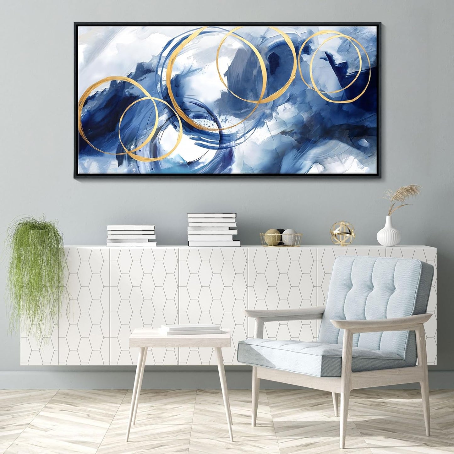 Framed Abstract Wall Art Blue Modern Art Wall Decor Artwork For Living Room Huge Wall Canvas Office Pictures For Navy Gold Modern Decorations For Bedroom Size 24x48in