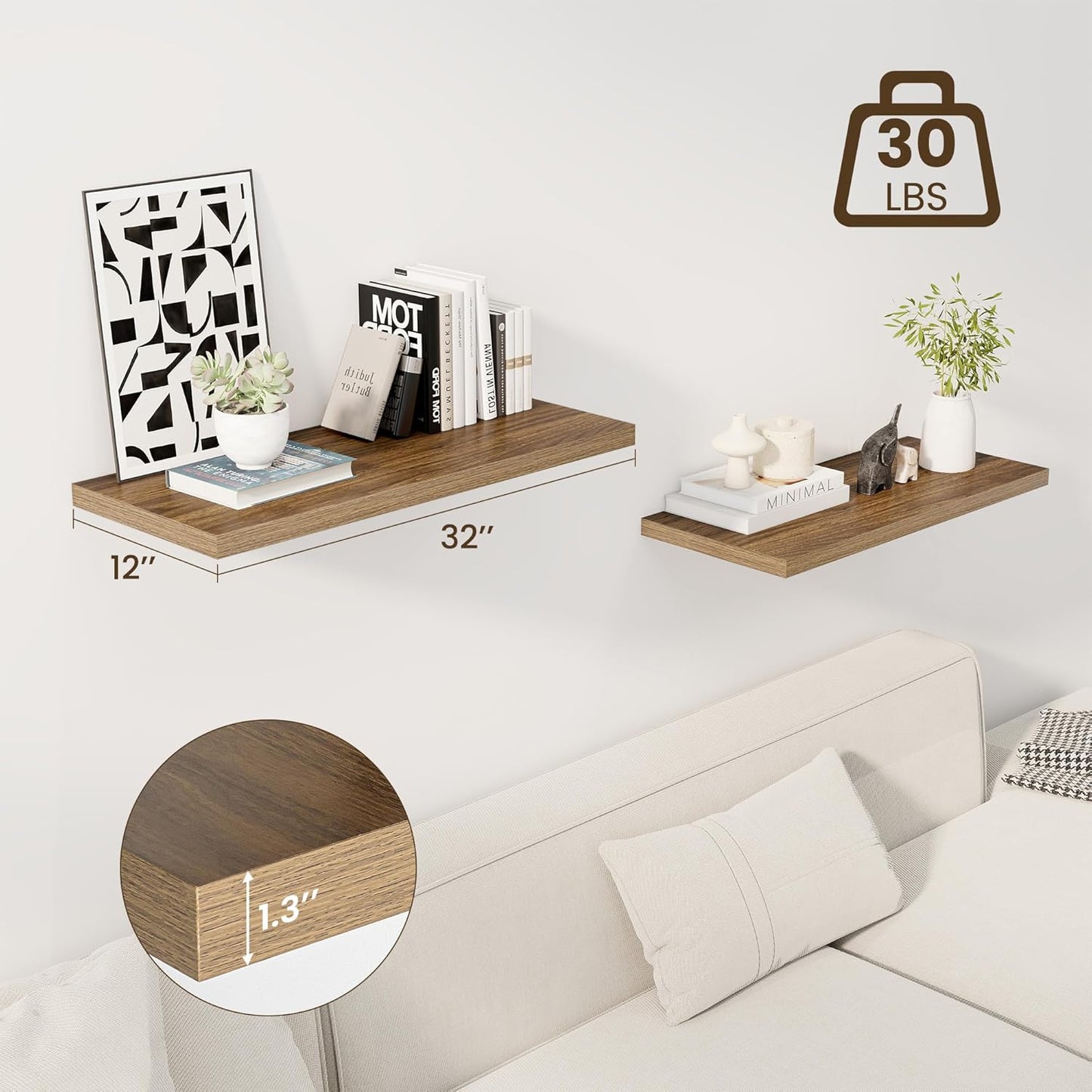 32" Floating Shelves for Wall, 12" Deep Slim Walnut Floating Shelves, Wall-Mounted Shelves for Bedroom, Living Room, Kitchen, Bathroom - Set of 2