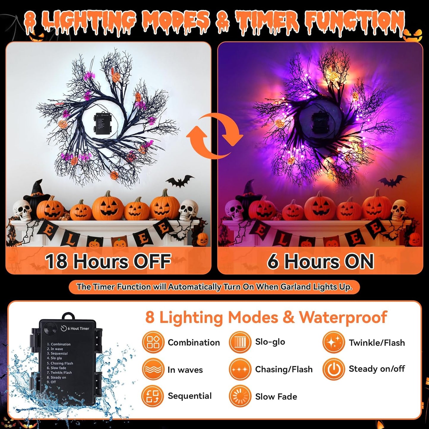 [8 Modes & Timer] 6Ft 45 LED Halloween Willow Vine Twig Garland with Orange Lights - Battery Operated, Waterproof Halloween Decor for Indoor Wall, Fireplace Mantle, Home Party (Pumpkins & Bats, 6FT)