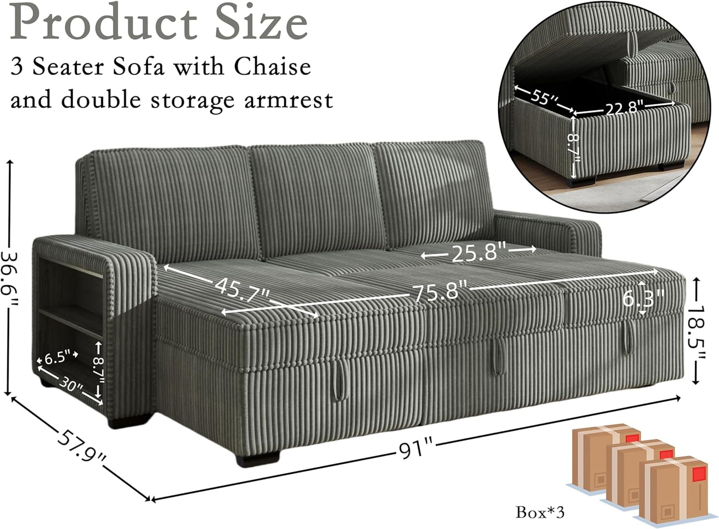91-inch Reversible Sectional Sleeper
