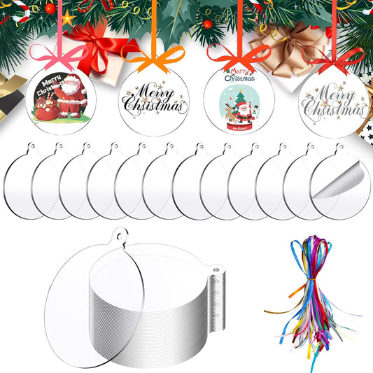50 Pieces Christmas Hanging Ornaments Set 3''Christmas Ornament Acrylic Blank with 50Pcs 25 Color Ribbons for Christmas Tree DIY Decor (Classic Style, 50.00)