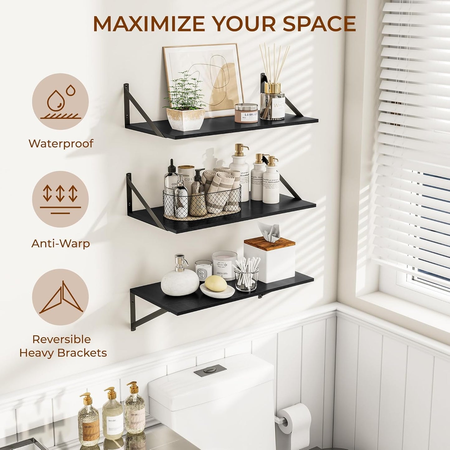 Heimlove 24" W x 12" D Wall Shelves for Books, 12 Inch Deep Floating Shelves Set of 3, Wide Floating Bookshelf with Metal Bracket for Living Room, Kitchen, Office, Bedroom and Decor Storage - Black