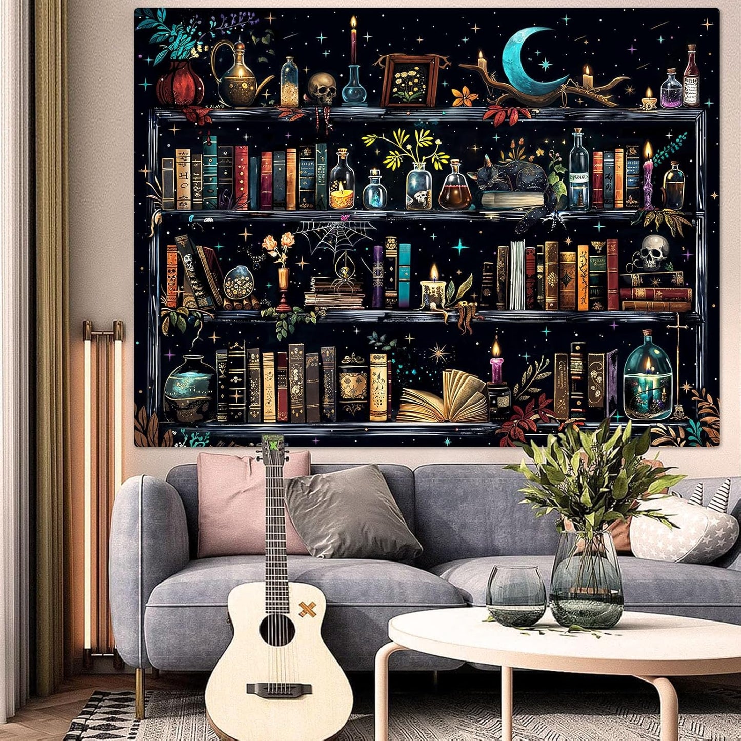 Accnicc Magic Bookshelf Tapestry Magical Witchy Potion Dark Hippie Haloween Tapestries Wall Hanging Gothic Skull Black Cat Library Book Small Tapestry for Bedroom Living Room Dorm 60 x 44 inch