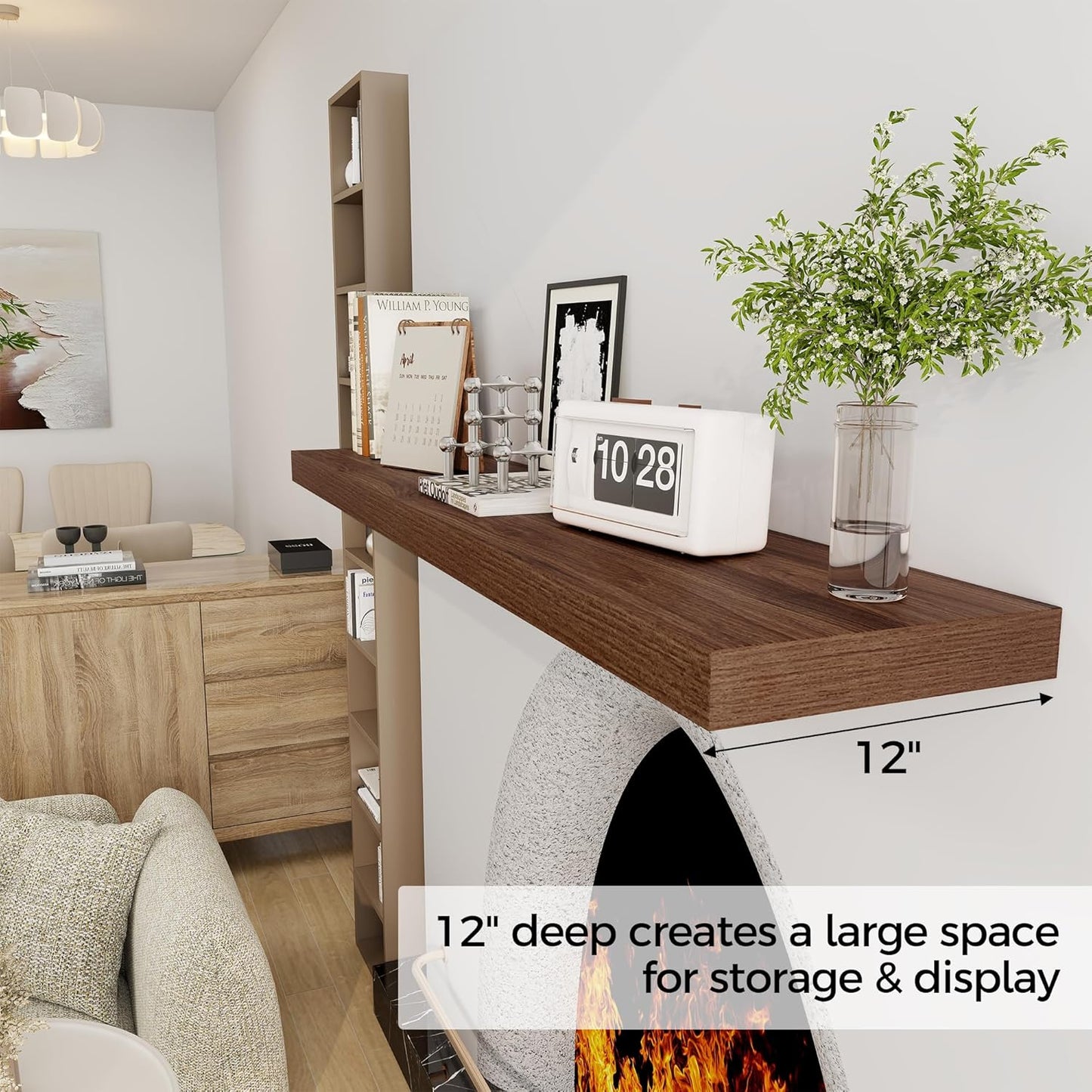 Floating Shelves 55 Inch Long, 12 Inch Deep Floating Shelves for Wall, Rustic Deep Wall Shelf for Fireplace Mantel, 55 x 12 Large Display Shelf for Living Room, Bedroom, Kitchen, Walnut Color, 1 Pack