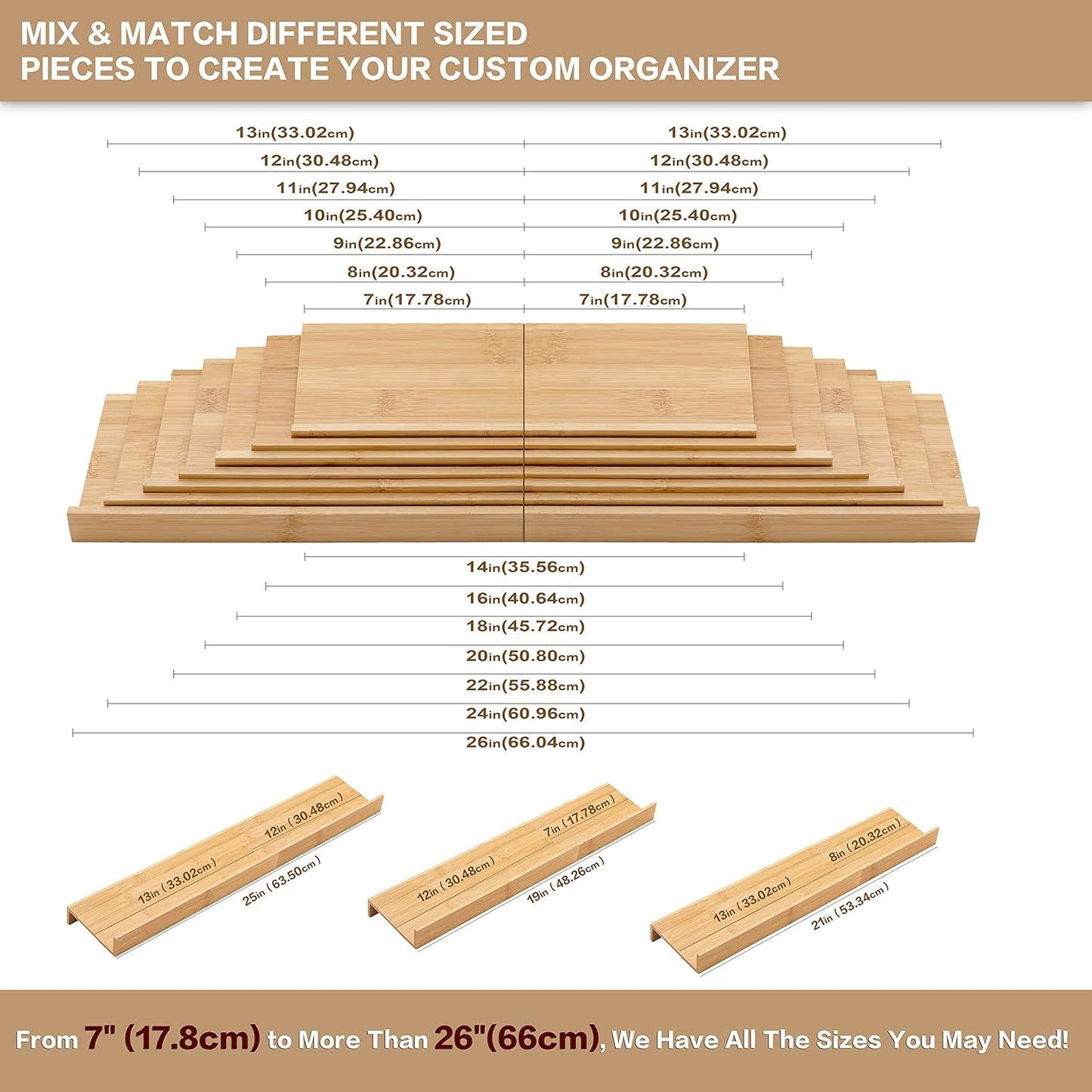 Bamboo Spice Rack Drawer Organizer - 8 Pieces Set- 11" Wide Per Piece - Combine Pieces Into 22" Wide Rack (11" or 22")