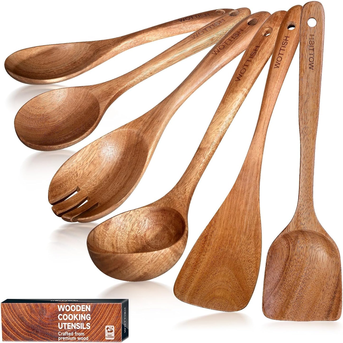 Wooden Spoons - Wooden Spoons for Cooking,Natural Wooden Kitchen Utensils Set Non Toxic,6-Piece Wooden Cooking Utensils(A06)