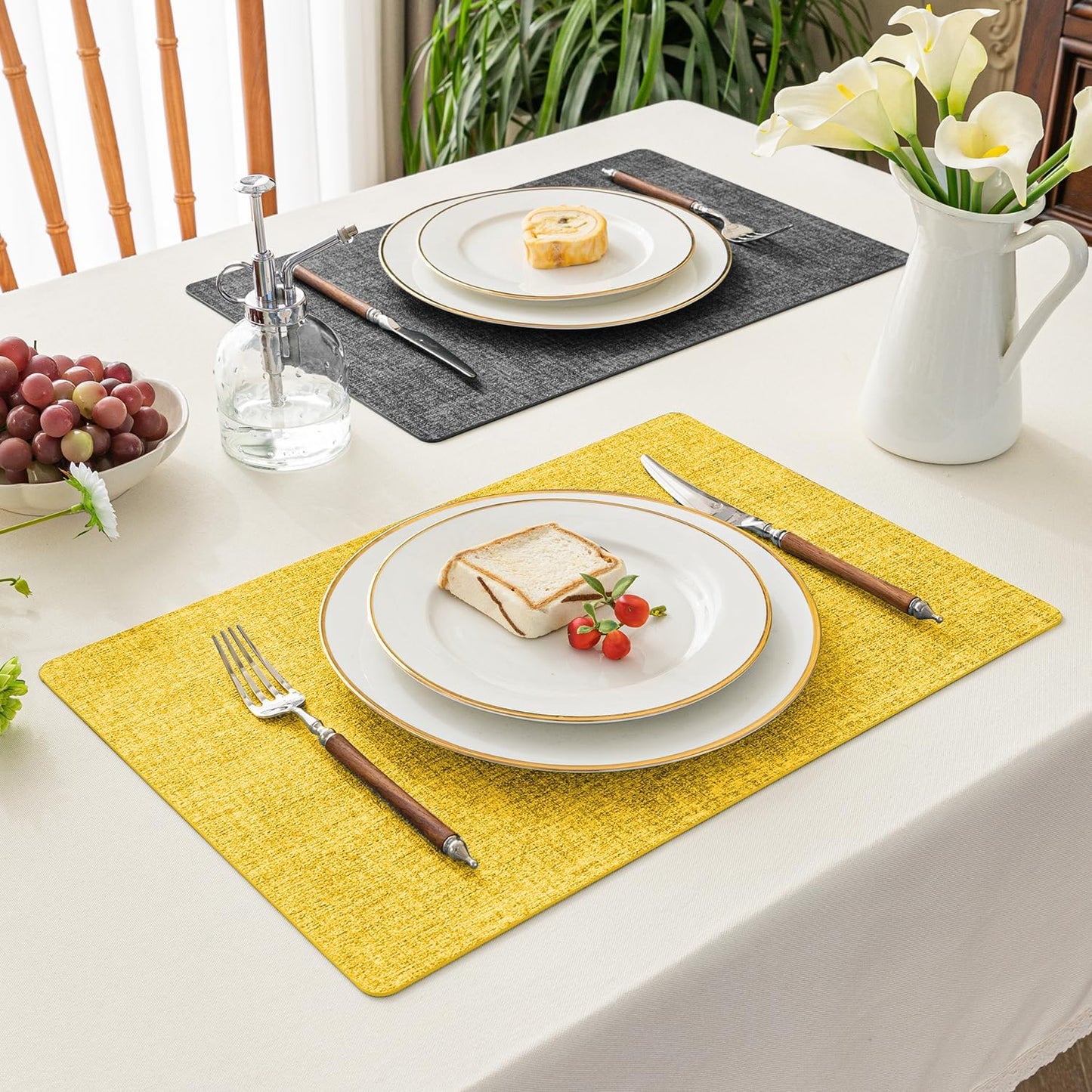 Romanstile Reversible Vinyl Placemats Set of 8, Faux Leather 100% Waterproof Oil-Proof Wipeable Place Mats, Heat Resistant Dual Sided Table Mats for Kitchen/Dining/Party (Grey Yellow, 12 x 17 Inch)