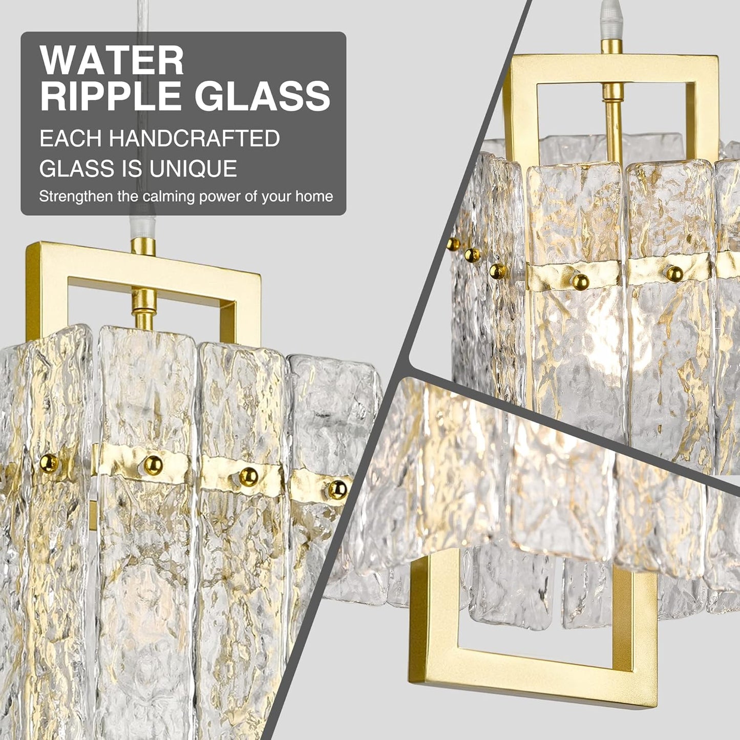 IKK Gold Crystal Pendant Light for Kitchen Island, Luxury Water Ripple Glass Chandelier Lights Fixture, Modern Elegant Adjustable Pendant Lighting for Dining Room Bedroom, E12 Bulb, L6.5'' x H11.8''