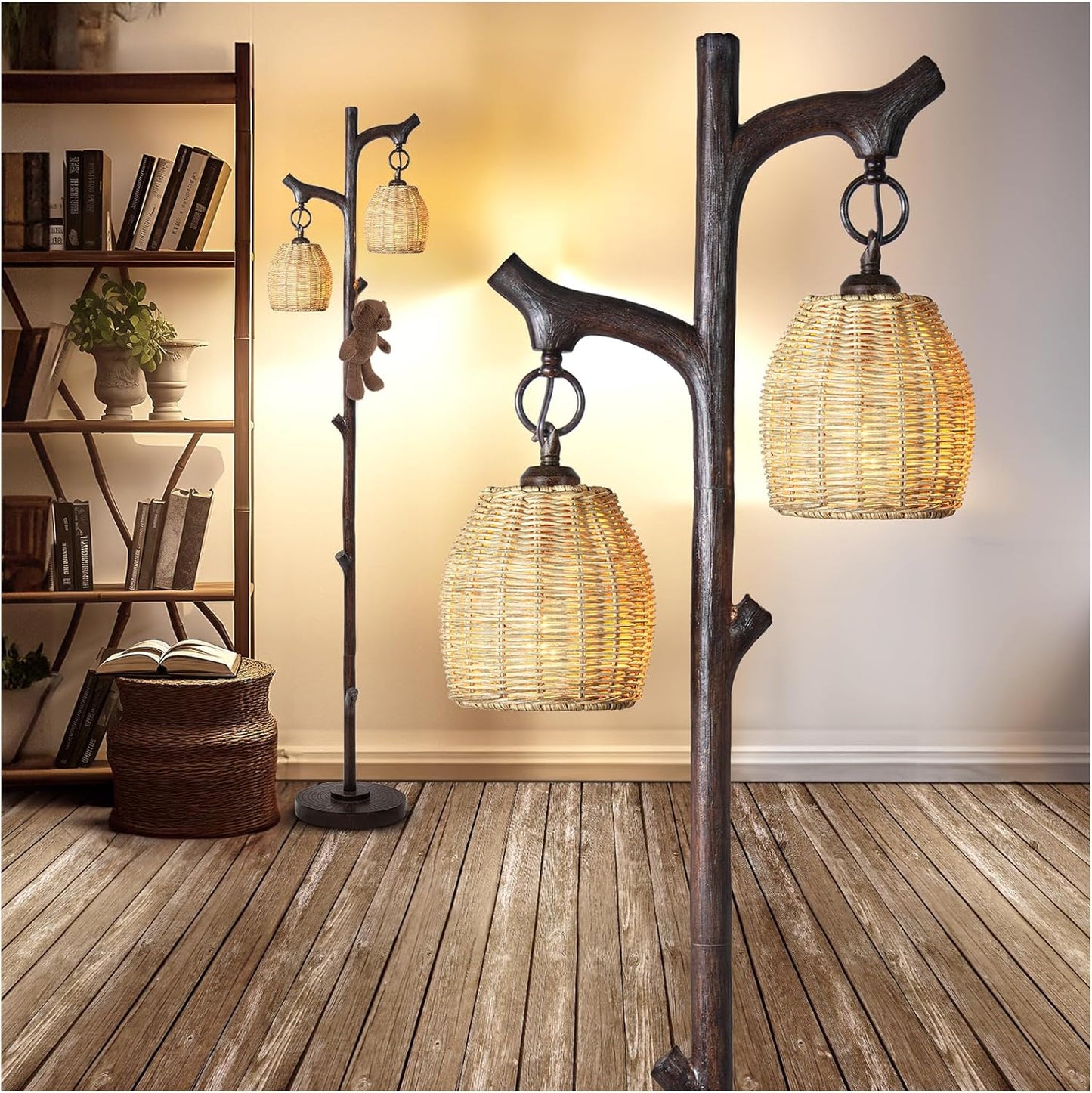 68" High Farmhouse Rustic Country Cottage Floor Lamp Tree Trunk Faux Wood Column Dark Bronze Wicker Drum Shade Decor for Living Room Bedroom Reading Room