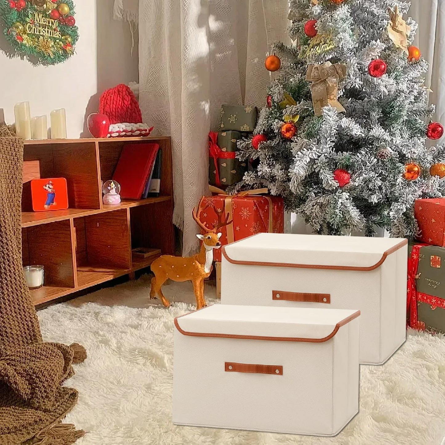 Tuza 2-Pack Large Fabric Storage Bins with Lids, Foldable Storage Boxes with Lids for Organizing, Decorative Storage Boxes with Handles for Home, Bedroom, Closet, Office(Khaki, Medium)