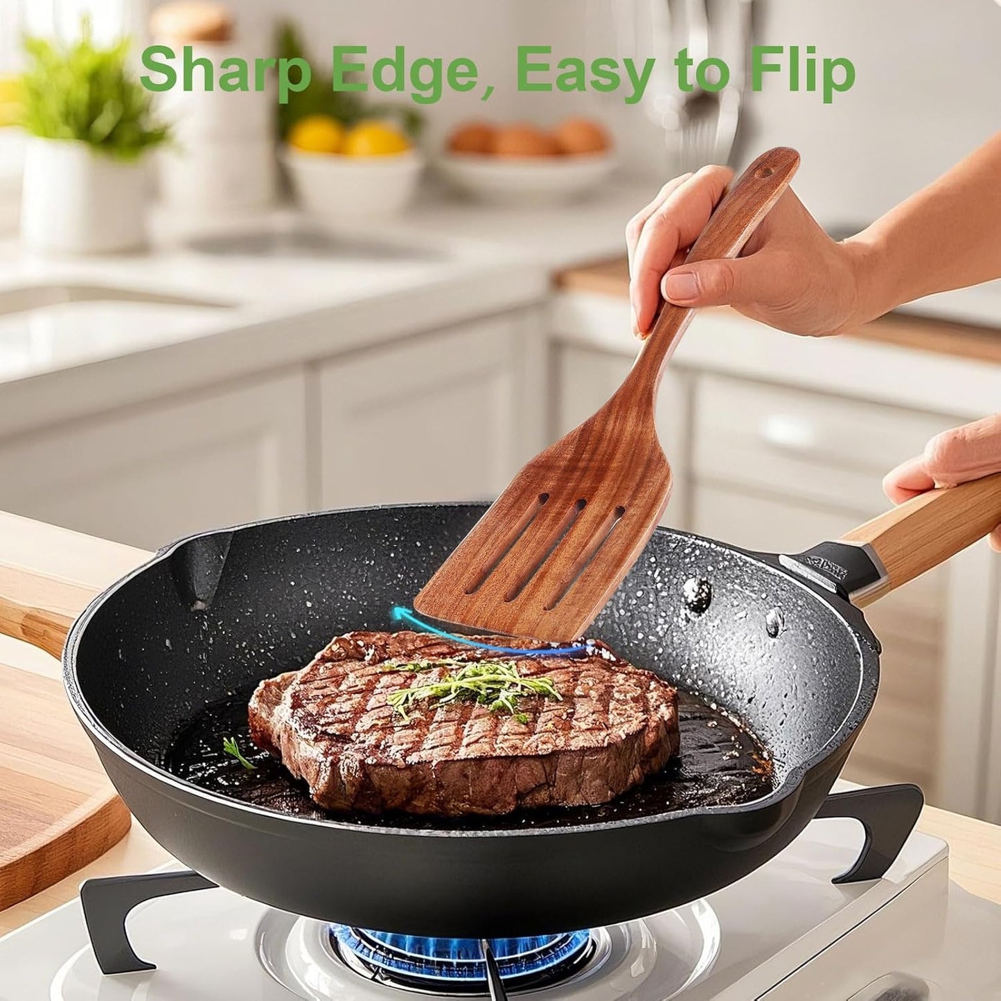 2 Pack Wooden Spatula, Acacia Wood Long Handle Flat Frying Turner, Handmade wooden spoons for cooking, Kitchen Utensil set, Non-Stick Cooking Spurtle Utensils for kitchen use