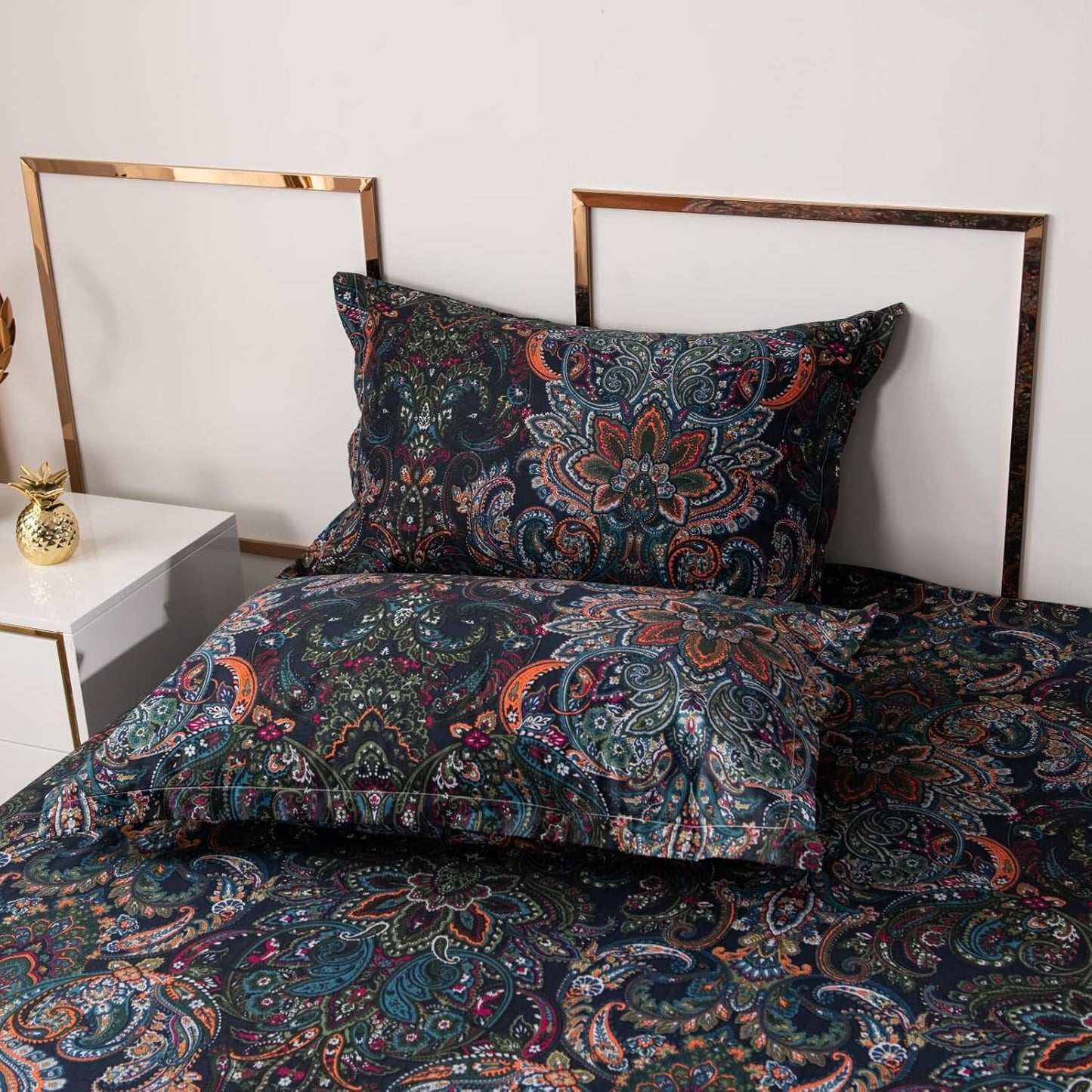 ABREEZE Luxury Vintage Black Duvet Cover Sets Damask Paisley Bedding Set Retro 100% Brushed Cotton Zipper Closure Bedding Collection Queen Size