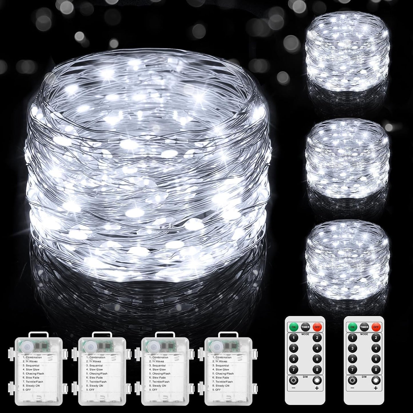 4 Pack 100 LED Fairy Lights Battery Operated with Timer & Remote, 33FT Waterproof Twinkle Lights Indoor Outdoor, Fairy String lights for Bedroom Classroom DIY Wedding Christmas Decorations, Cool White