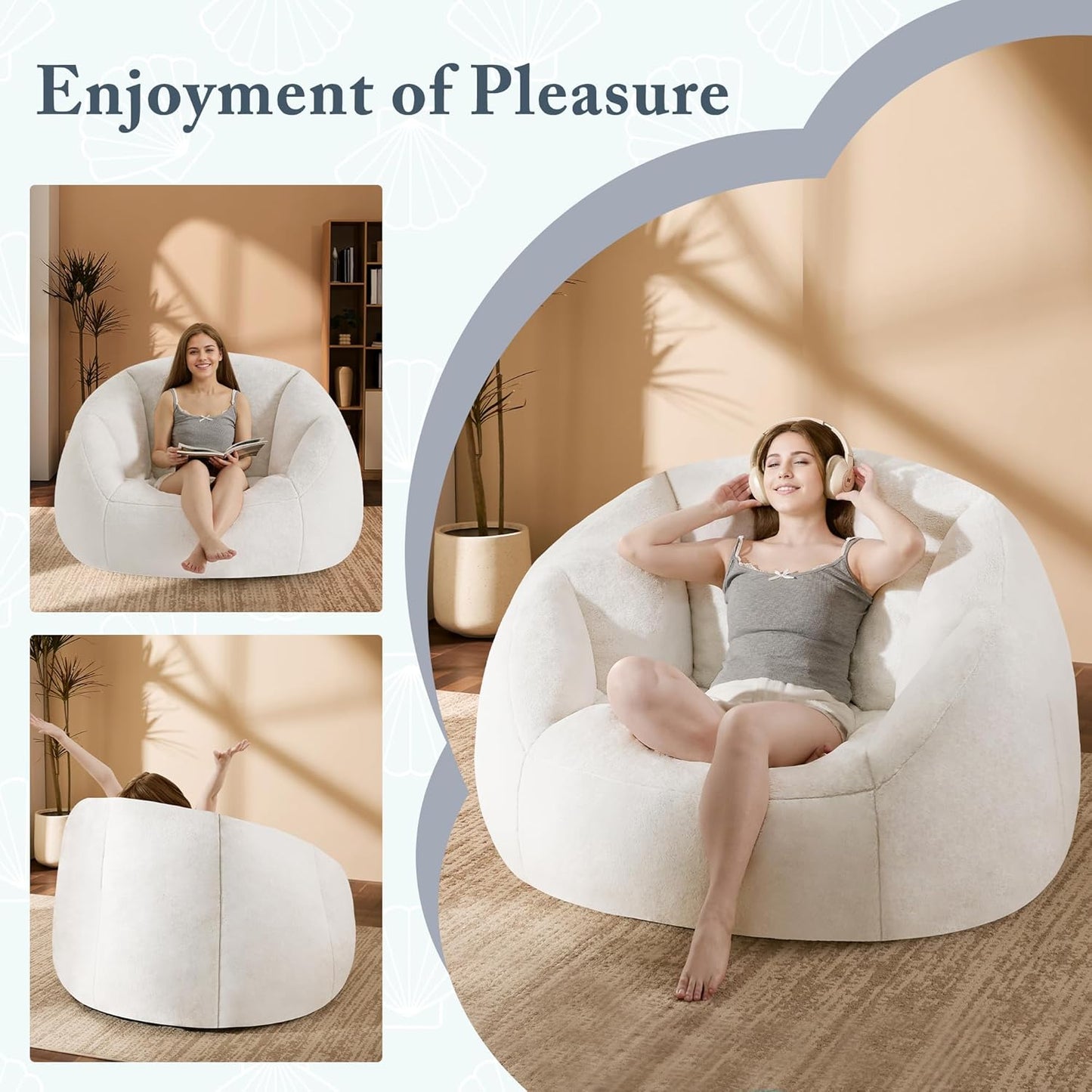 Giant Bean Bag Chaise Lounge Indoor Chair for Adults - Comfy Plush Round Shell Soft Accent Chair, Oversized Cozy Floor Sofa for Living Room, Bedroom & Game Rooms, Beige