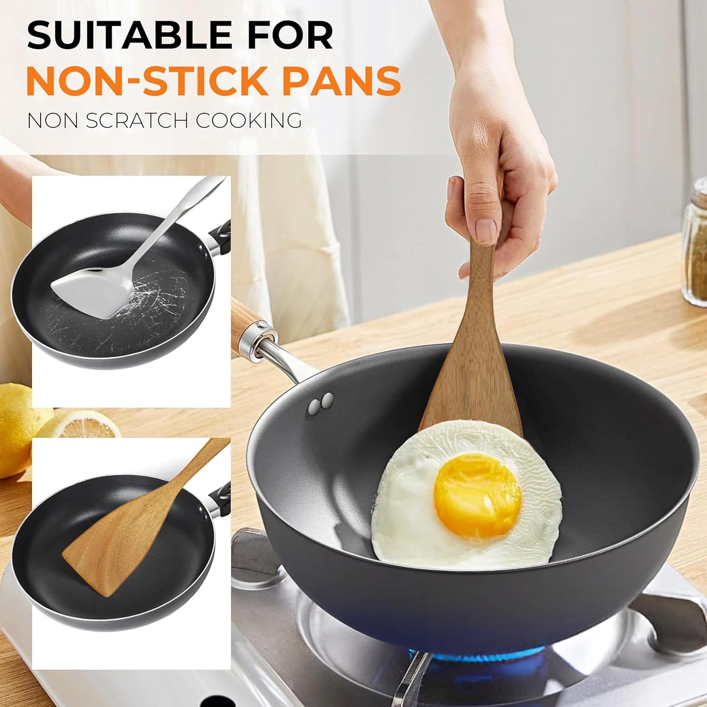 Acacia Wood Spatula Set of 3 - Natural Wooden Cooking Utensils for Nonstick Pans, Scratch-Proof & Heat Resistant, Sturdy & Lightweight Kitchen Tools with Hanging Holes