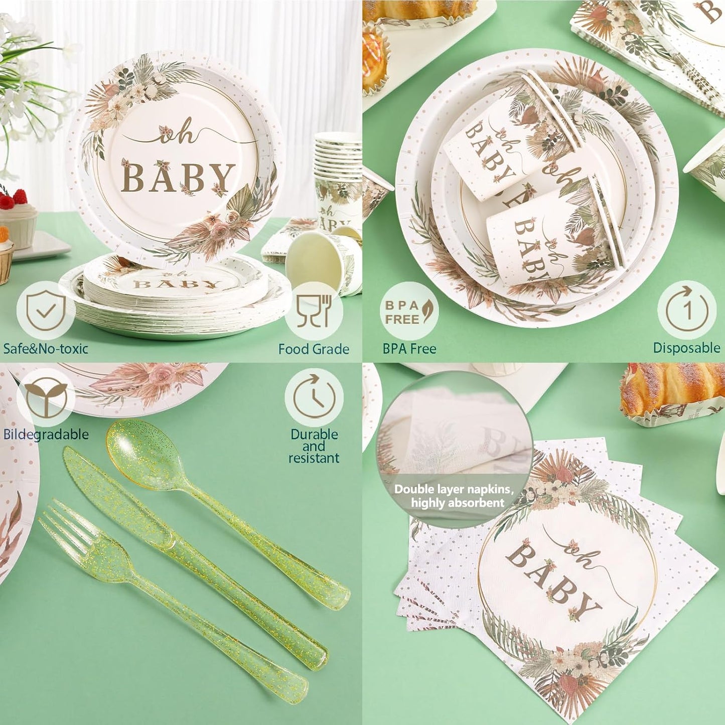350 Pcs Boho Baby Shower Decorations for Girl, Baby Shower Plates and Cups and Napkins Sets, Oh Baby Plates for Western Sweet Baby Girl, Summer Fall Gender Neutral, Serves 50