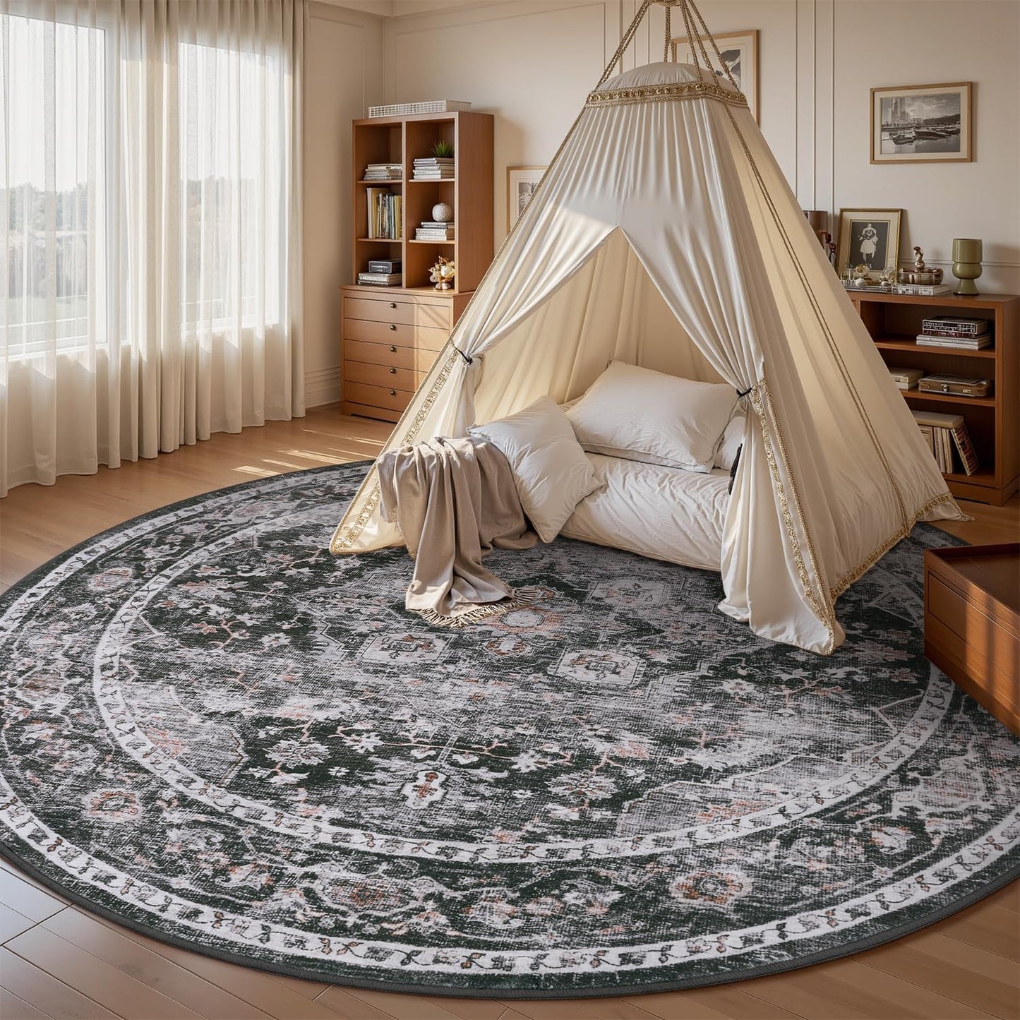 AMOAMI-6FT Round Rug-Rugs for Living Room-Vintage Soft Black Rugs for Bedroom-Non Slip Circle Rug-Machine Washable Rug for Dining Room Living Room Bedroom Office Under Table Dark Grey & Black