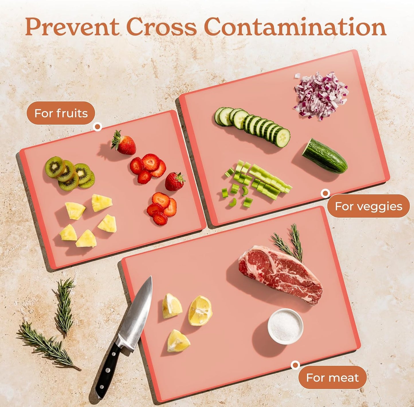 SMIRLY Plastic Cutting Board Set with Holder 3 Pieces, Non-Slip Dishwasher Safe Chopping Boards for Kitchen, Pink