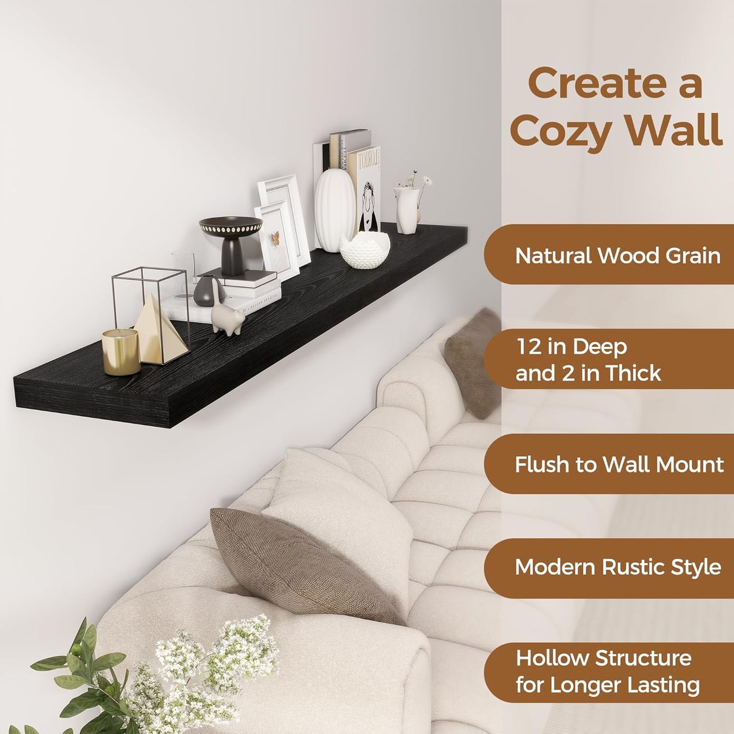 Fun Memories 72 Inch Floating Shelf, 12 Inch Deep Wall Shelf for Fireplace Mantel, Deep Storage Shelves for Home & Office, Wall Shelves with Invisible Bracket, Black, Set of 1