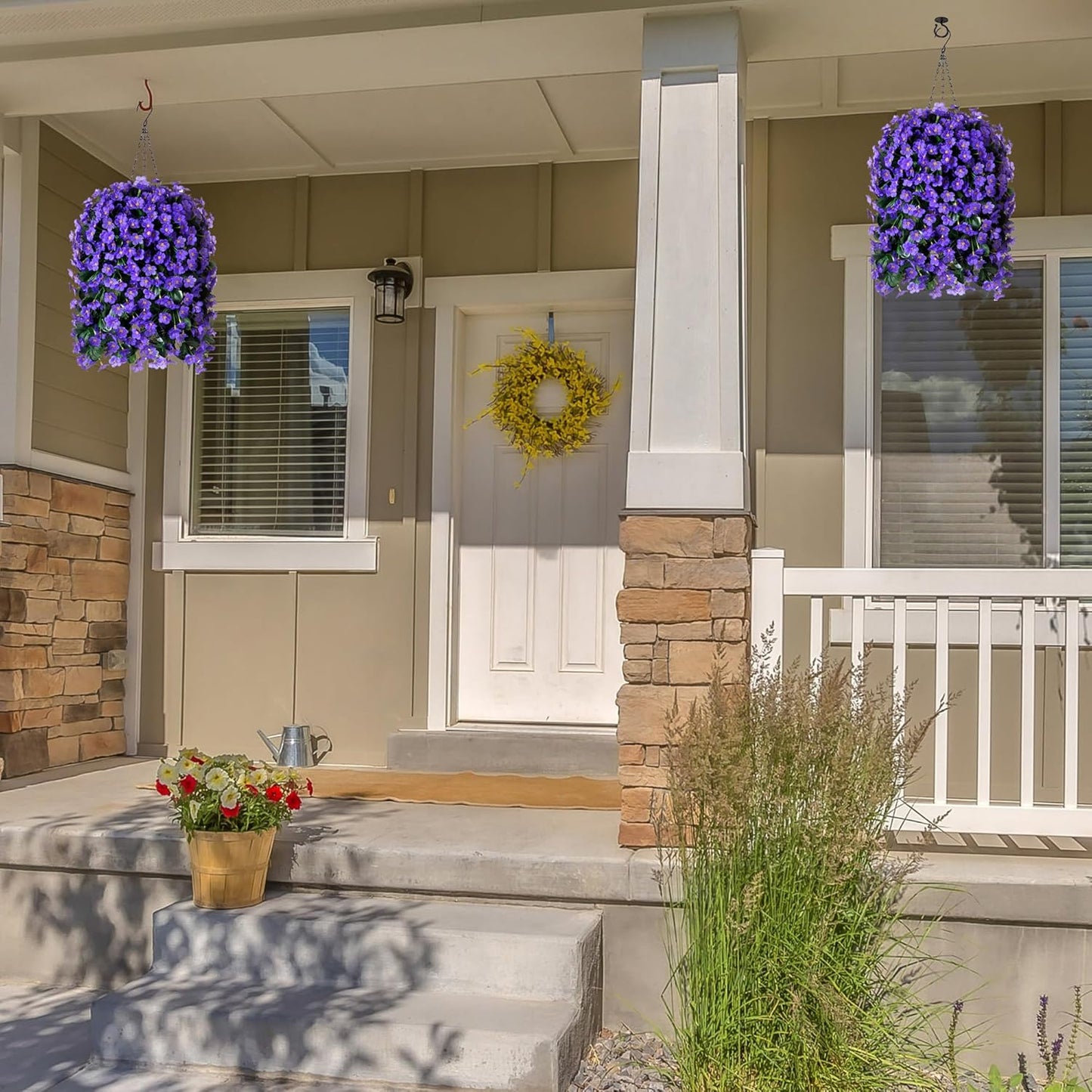 Artificial Fake Outdoor Hanging Flowers Plants Basket for Outside Porch Decoration, Fake Silk UV Resistant Look Real Purple Orchid Traing Vines for Home Balcony Yard Patio Garden Decor