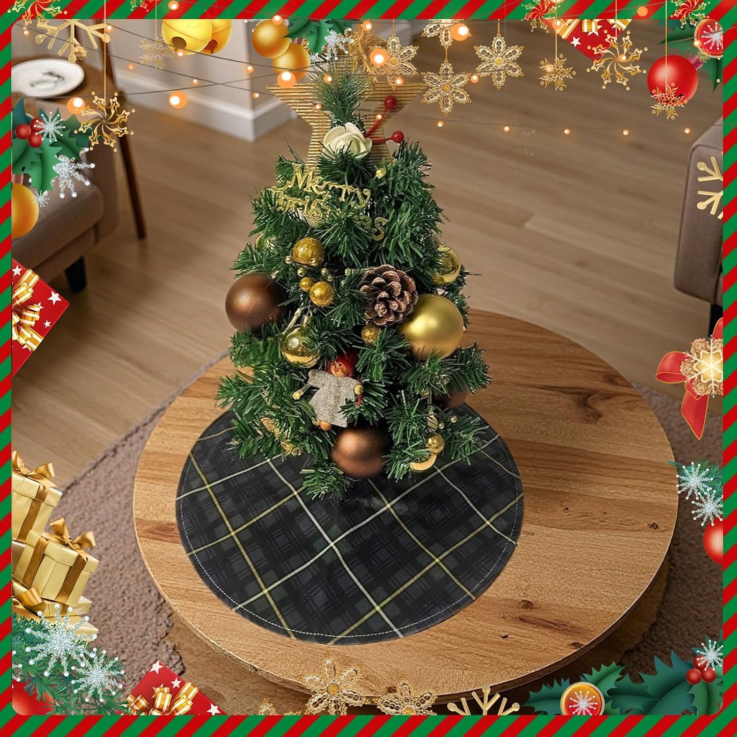 Mini Christmas Tree Skirt 15 Inch – Campbell Clan Tartan Navy Blue and Green Plaid Tree Mat for Small, Pencil, or Desktop Xmas Trees, Scottish Holiday Decor for Desk, Office, Shelf, or Compact Space