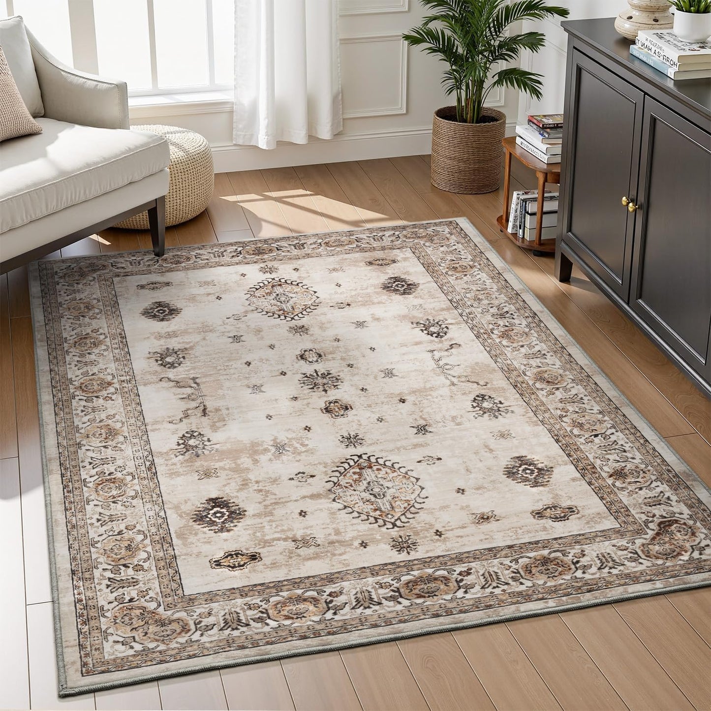 AMOAMI-Vintage Area Rug 4x6 Brown Rugs for Living Room-Soft Living Room Rug Non Slip Rugs for Bedroom Carpet Machine Washable Rug for Dining Room Bedside Office Room Decor