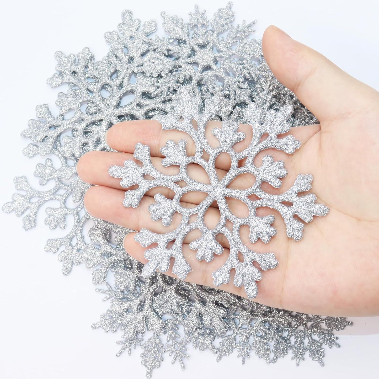 36pcs Christmas Silver Snowflake Ornaments Plastic Glitter Snow Flakes Ornaments for Winter Christmas Tree Decorations Size Varies Craft Snowflakes