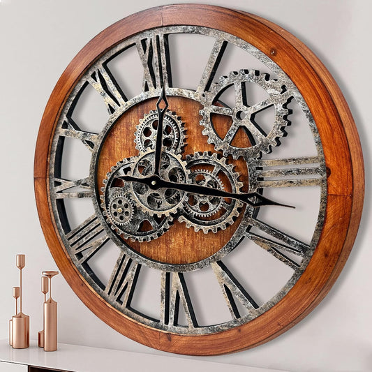 The B-Style Large Wall Clock 24 inch Moving Gear Wall Clock Oversized Vintage Farmhouse Wall Clocks for Living Room Decor Rustic Industrial Wood Clock (Brown and Bronze)