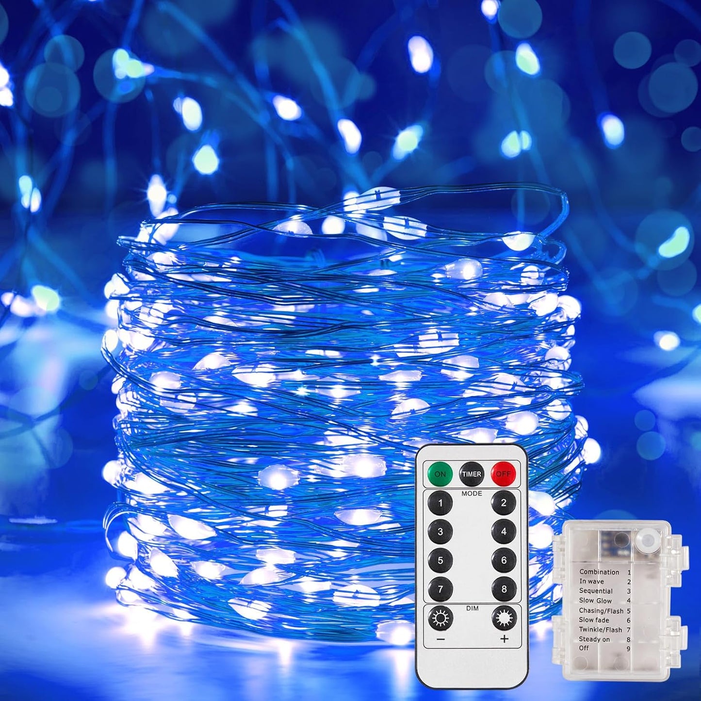 2 Pack 16.4 Ft. Battery Operated Outdoor String Lights with Remote & Timer, LED Blue Fairy Lights, Waterproof Twinkle Lights for Bedroom, Dorm, Mason Jar, Wedding, Party, Christmas